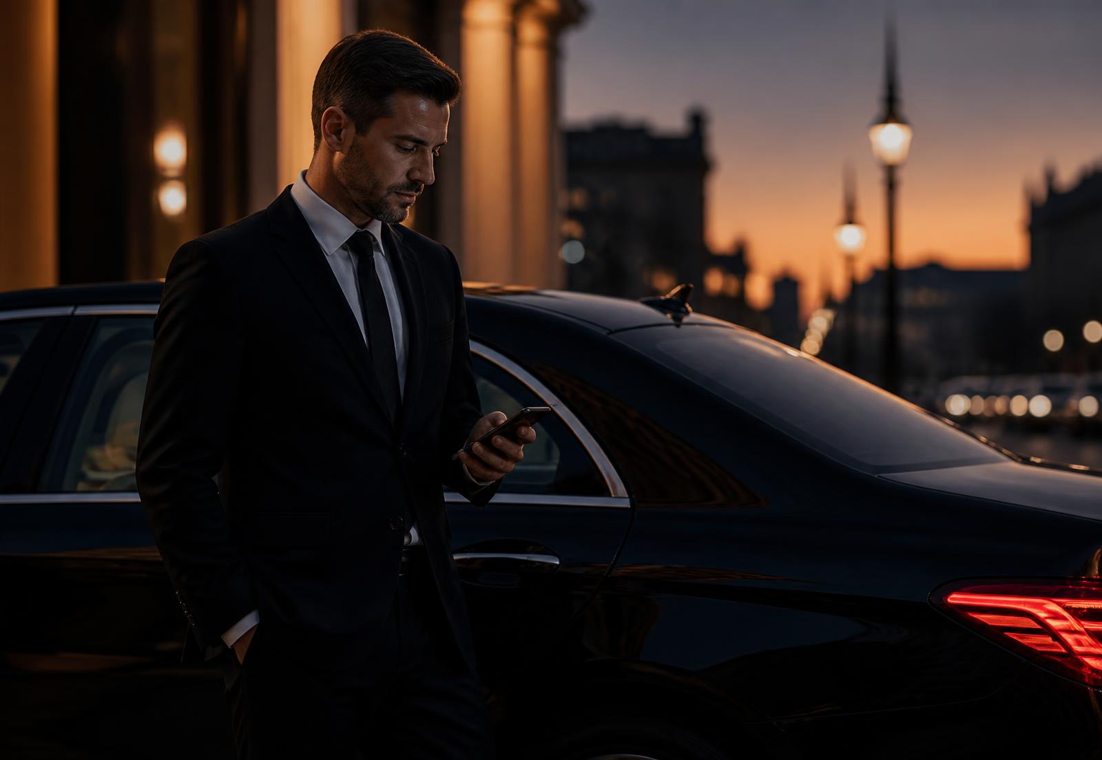 Chauffeur in a dark suit checking his phone beside an executive saloon at dusk